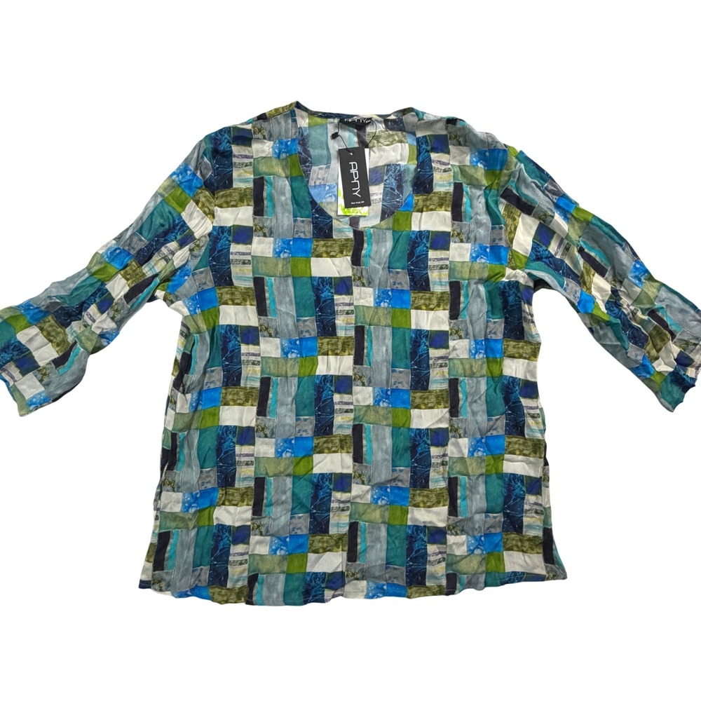NWT APNY XXL Blue Green Mix Print V Neck Top 3/4 Sleeve Cupro Viscose